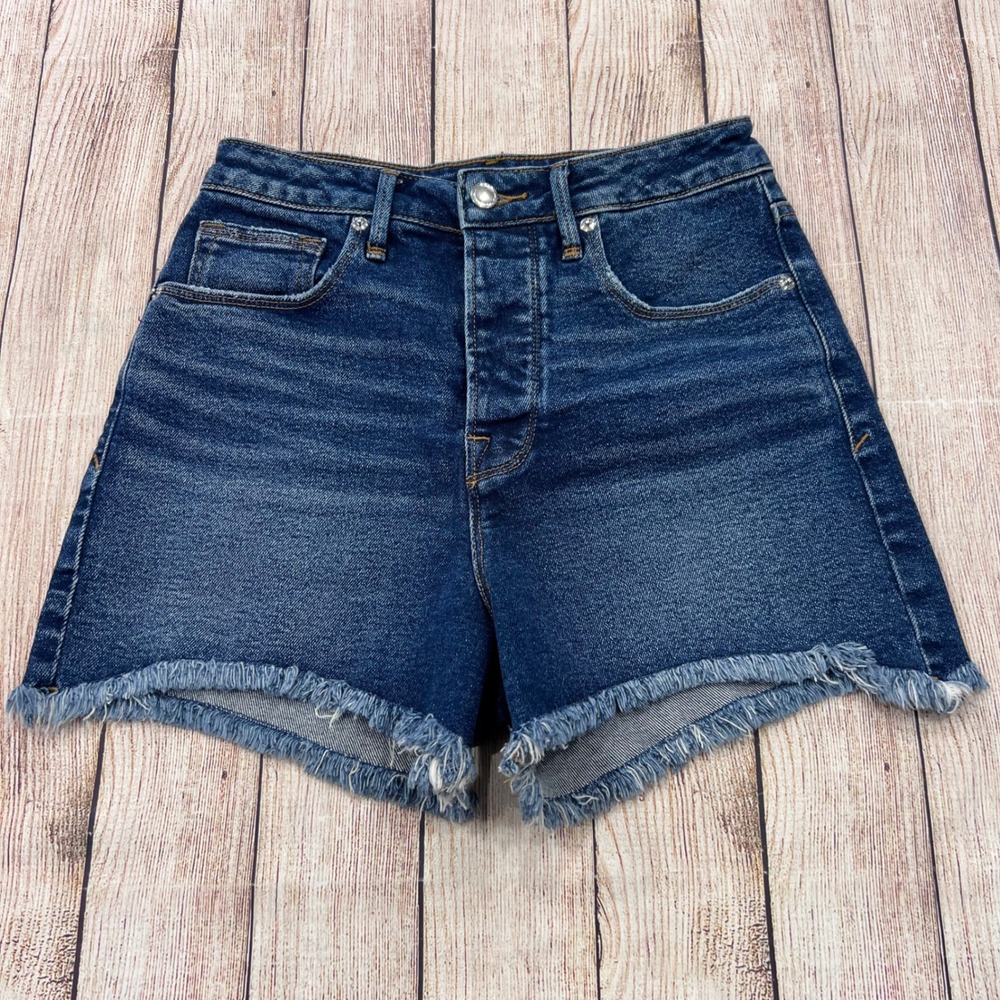 Good American Dark Blue Frayed Hem Jean Shorts